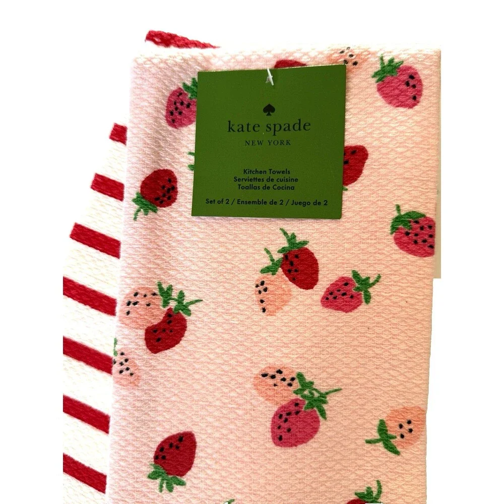 Kate Spade Kitchen Dish Towels Strawberries Pink White Red Cotton Set of 2